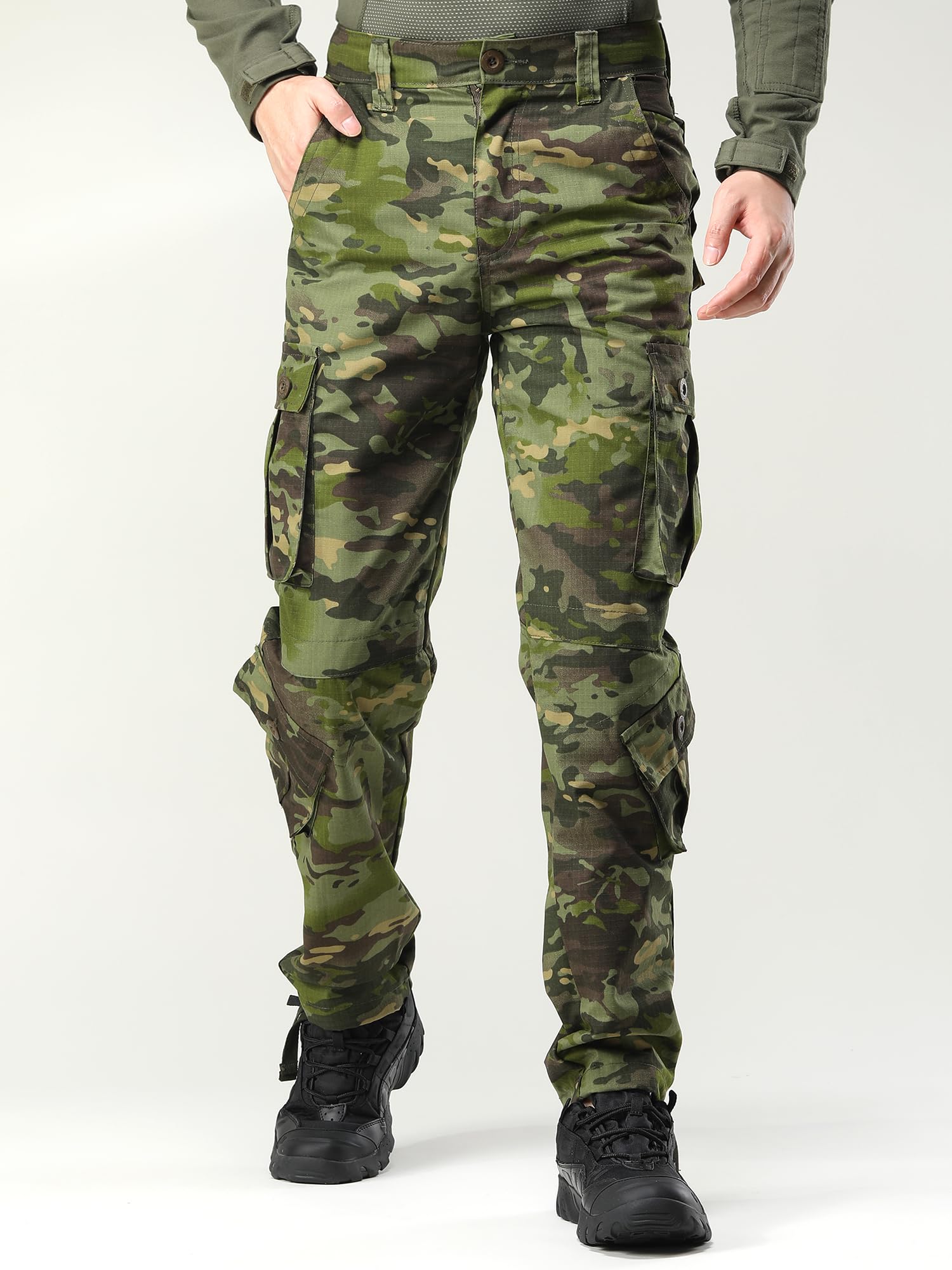 AKHIKING men's camo pants back view showing secure pocket layout for gear.