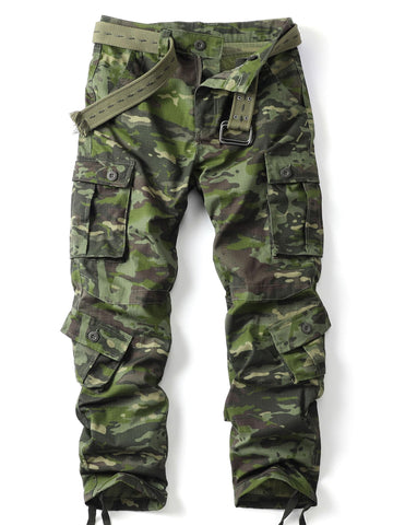 AKHIKING men's camo pants front view with eight pockets for outdoor storage.