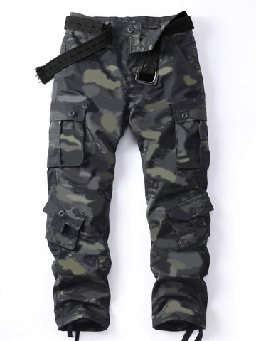 AKHIKING men's camo cargo pants front view showing 8 pockets for easy carry.