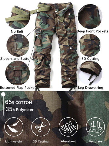 AKHIKING camo cargo pants material detail shows cotton-poly blend