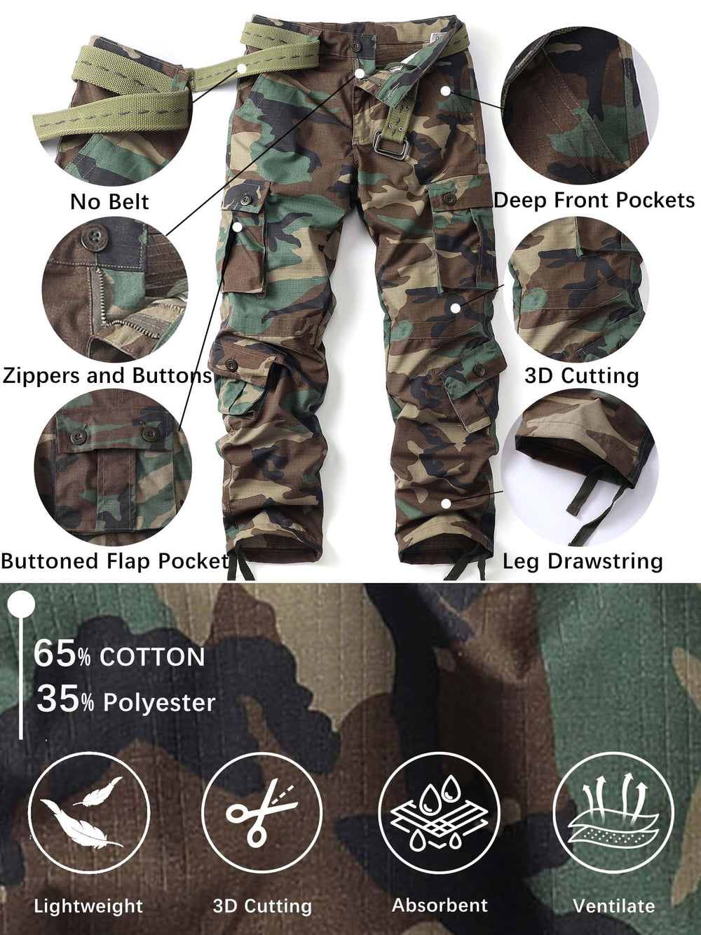 AKHIKING camo cargo pants material detail shows cotton-poly blend