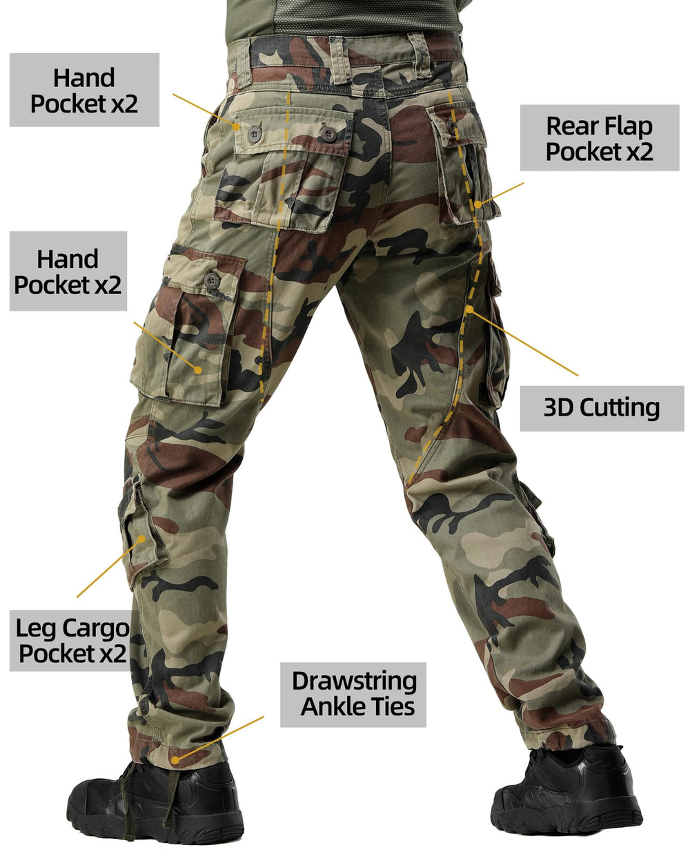 AKHIKING men's camo ripstop pants hem drawstring adjustability for wind protection.