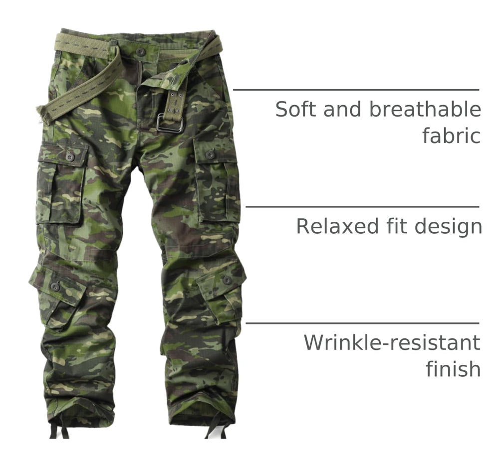 AKHIKING cargo pants with drawstring hem allow adjustable fit with boots.