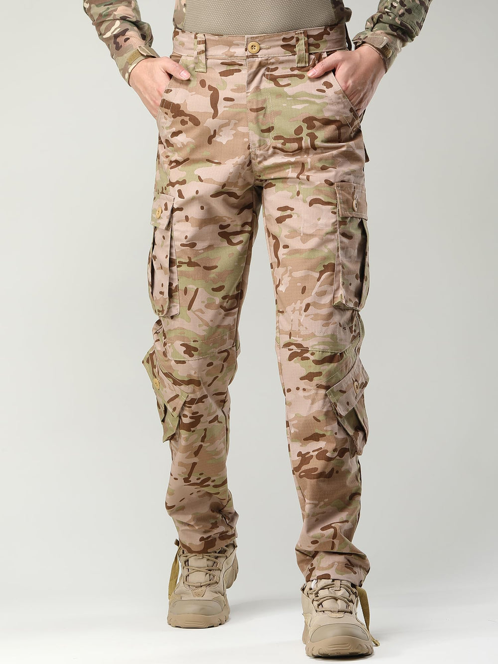 AKHIKING men's cargo pants with drawstring hem for adjustable fit with boots.