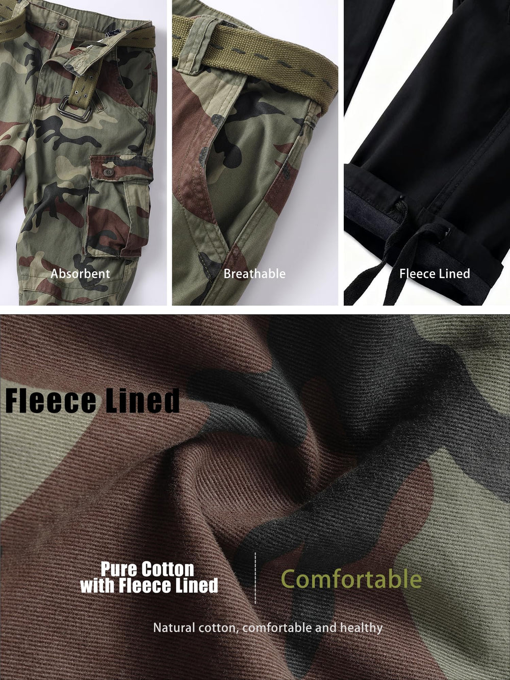 AKHIKING men's fleece-lined cargo pants fabric closeup showing soft breathable warmth.