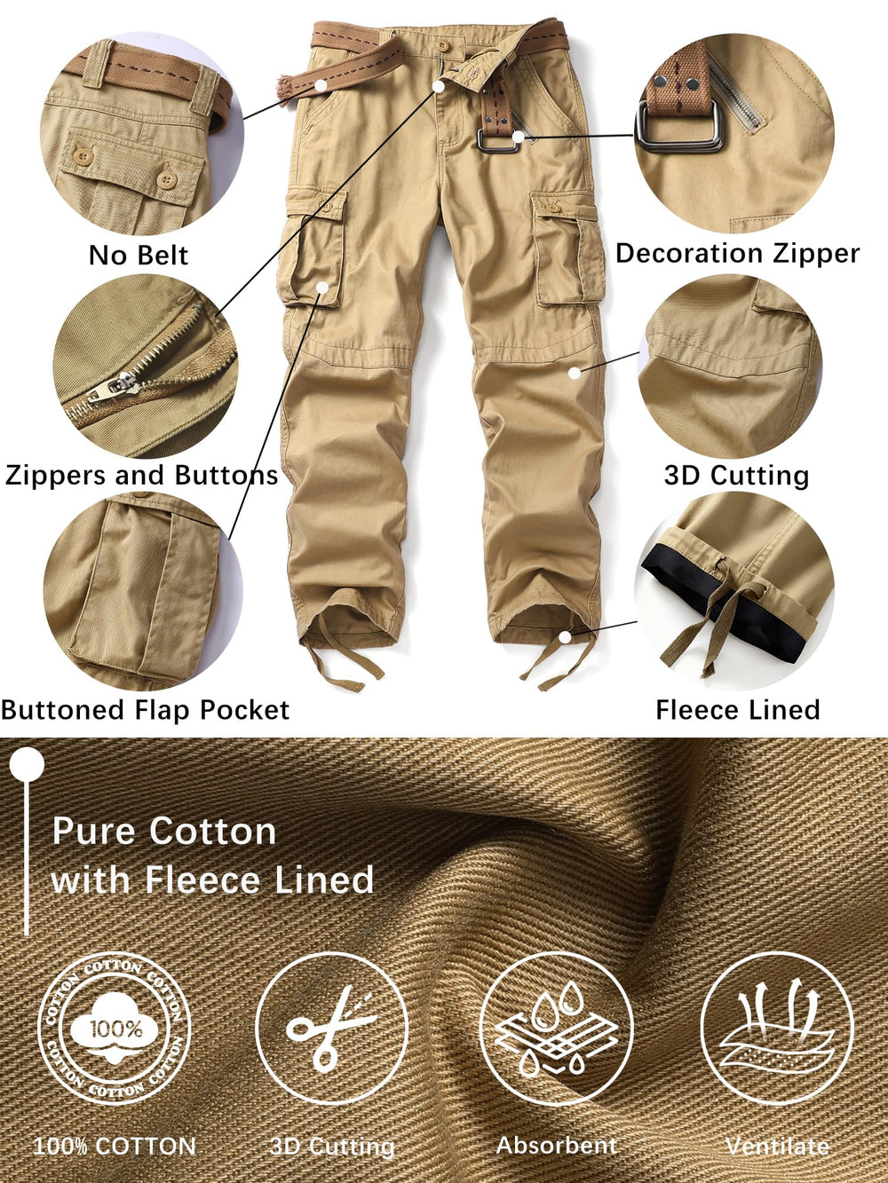 AKHIKING fleece-lined cargo pants close-up shows soft cotton fleece lining.