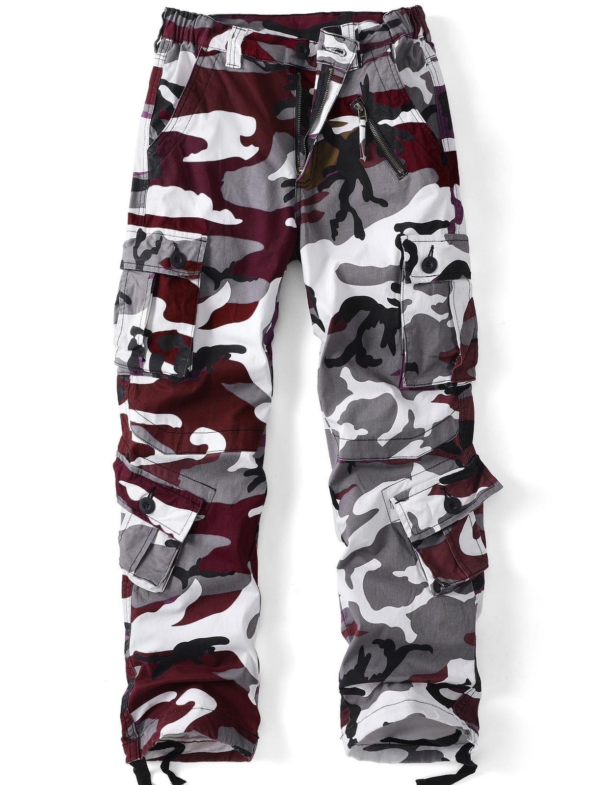 AKHIKING women's cargo pants wine front view, rugged outdoor-ready design for hikes.