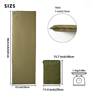 Akmax MT camp mat inflated to 68 by 22 by 1 inches for outdoor comfort.