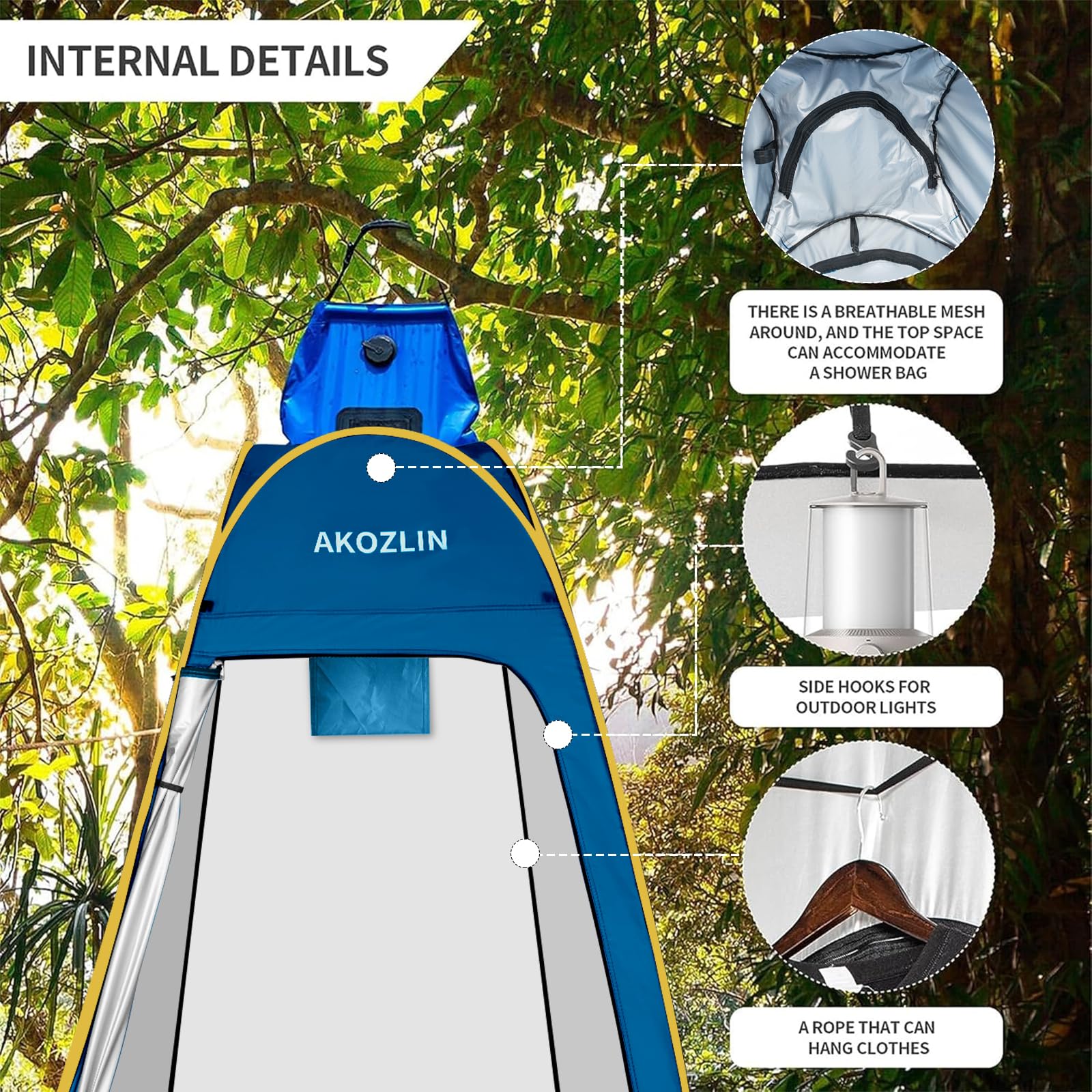 AKOZLIN inside-pocket-and-hooks demonstrates organized storage for towels and gear.