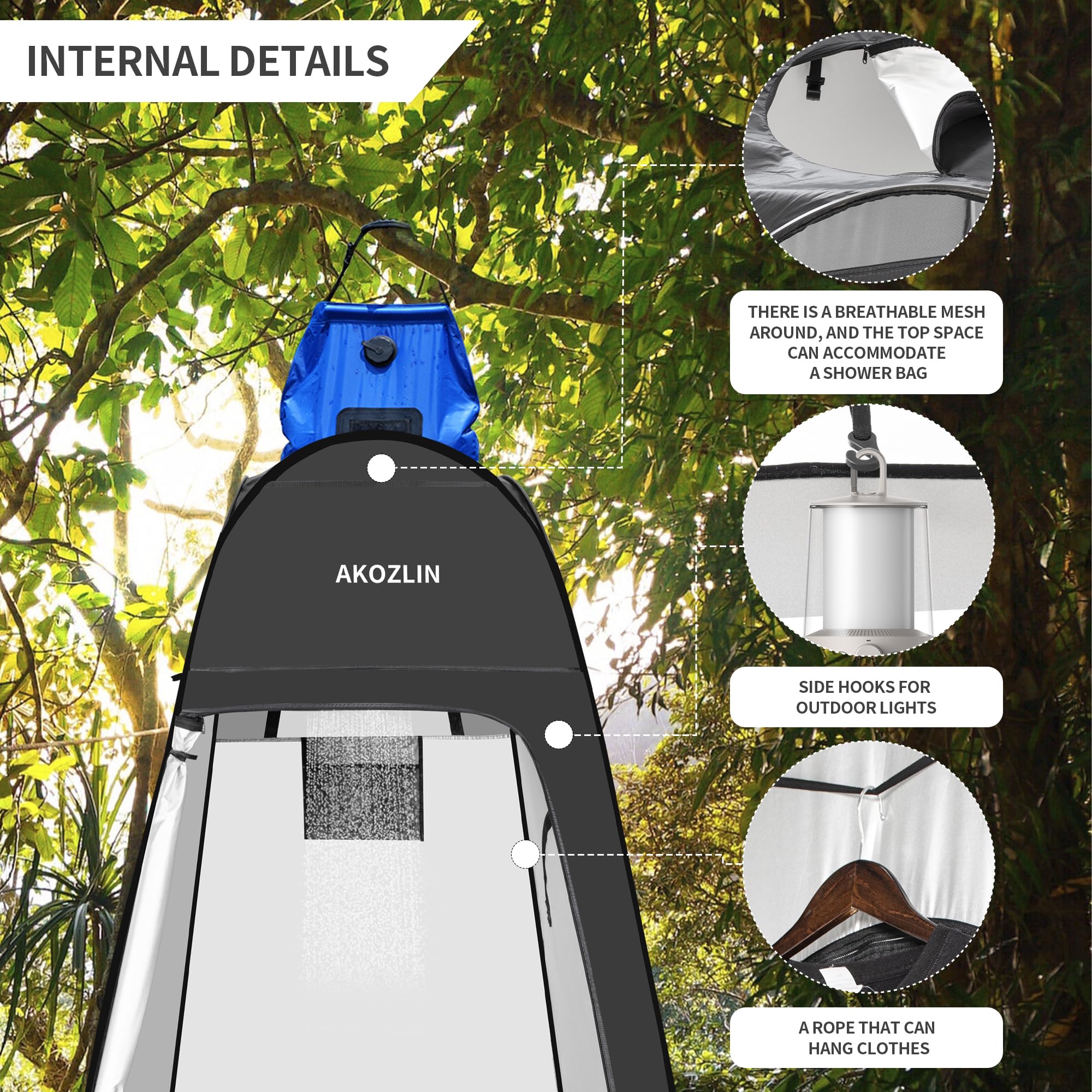 AKOZLIN portable pop-up shower tent back window shows airy space.