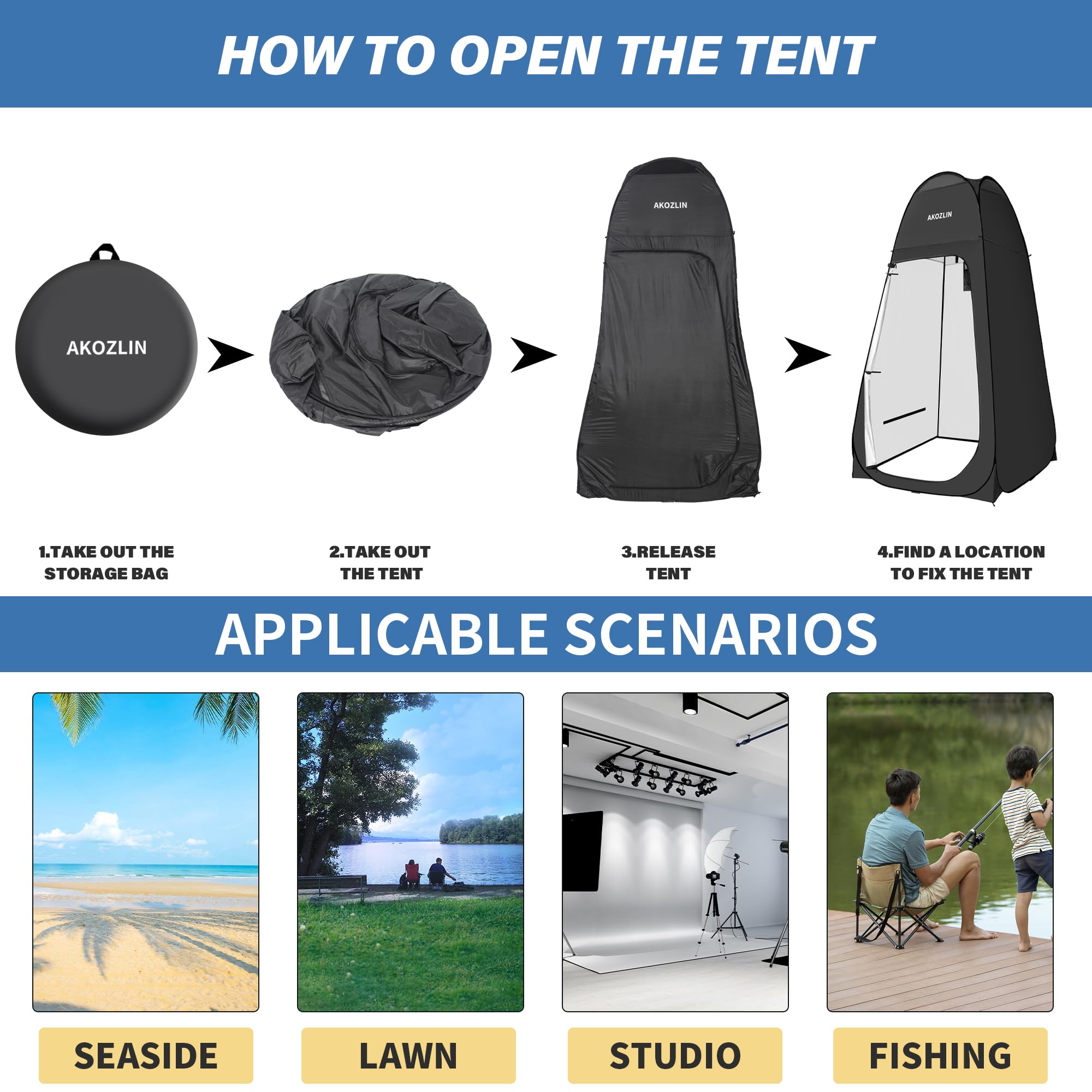 AKOZLIN portable pop-up shower tent setup action demonstrates fast deployment.