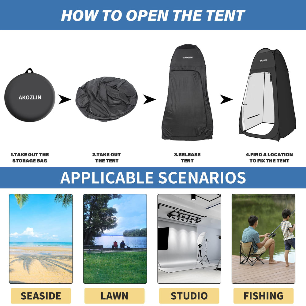 AKOZLIN portable pop-up shower tent setup action demonstrates fast deployment.