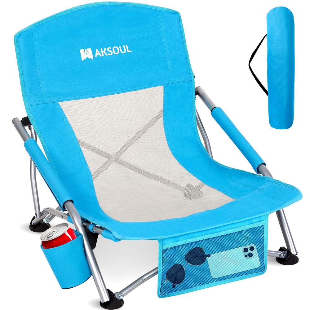 AKSOUL folding low beach chair with packable bag for travel comfort