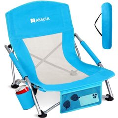 AKSOUL folding low beach chair with packable bag for travel comfort