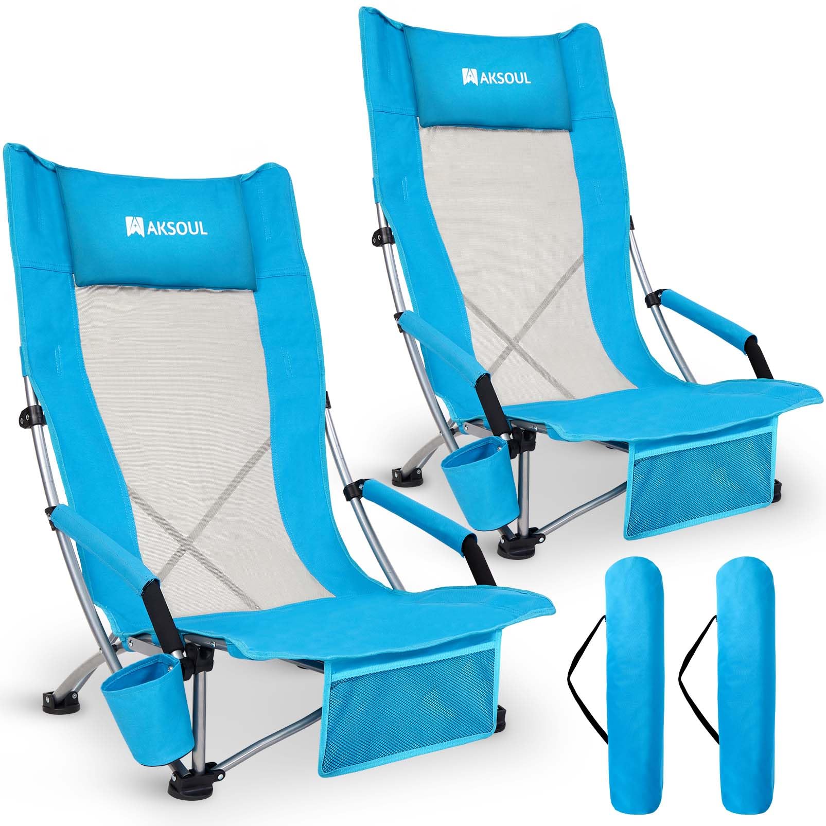 AKSOUL high-back folding beach chair provides ergonomic support for all-day comfort.