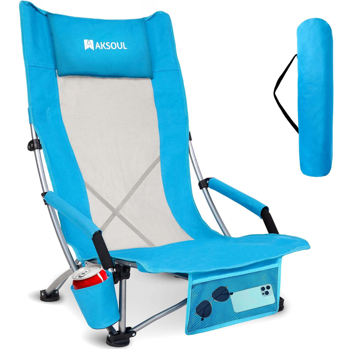 AKSOUL high-back low beach chair folded for compact transport.