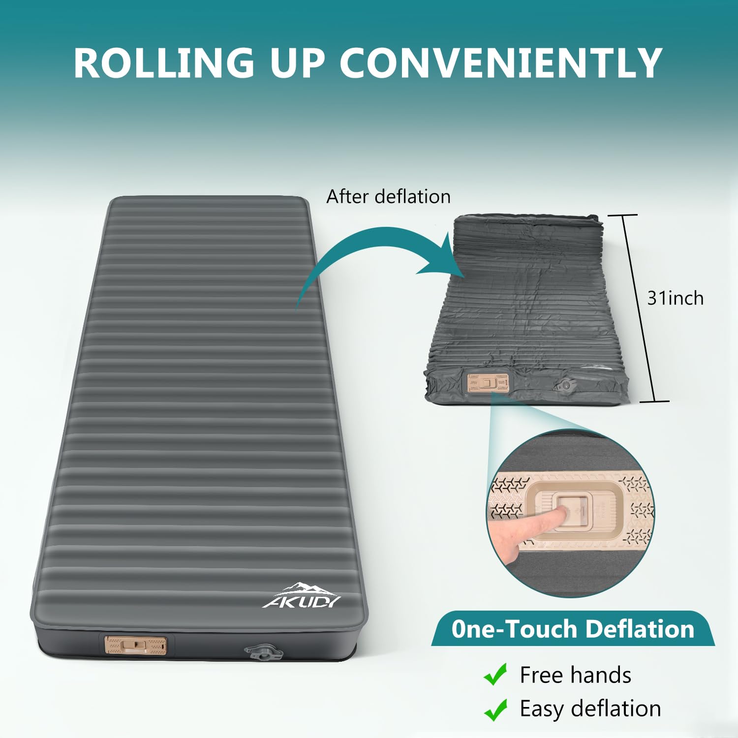 AKUDY self-inflating pad features fast deflation for quick pack-up after camping