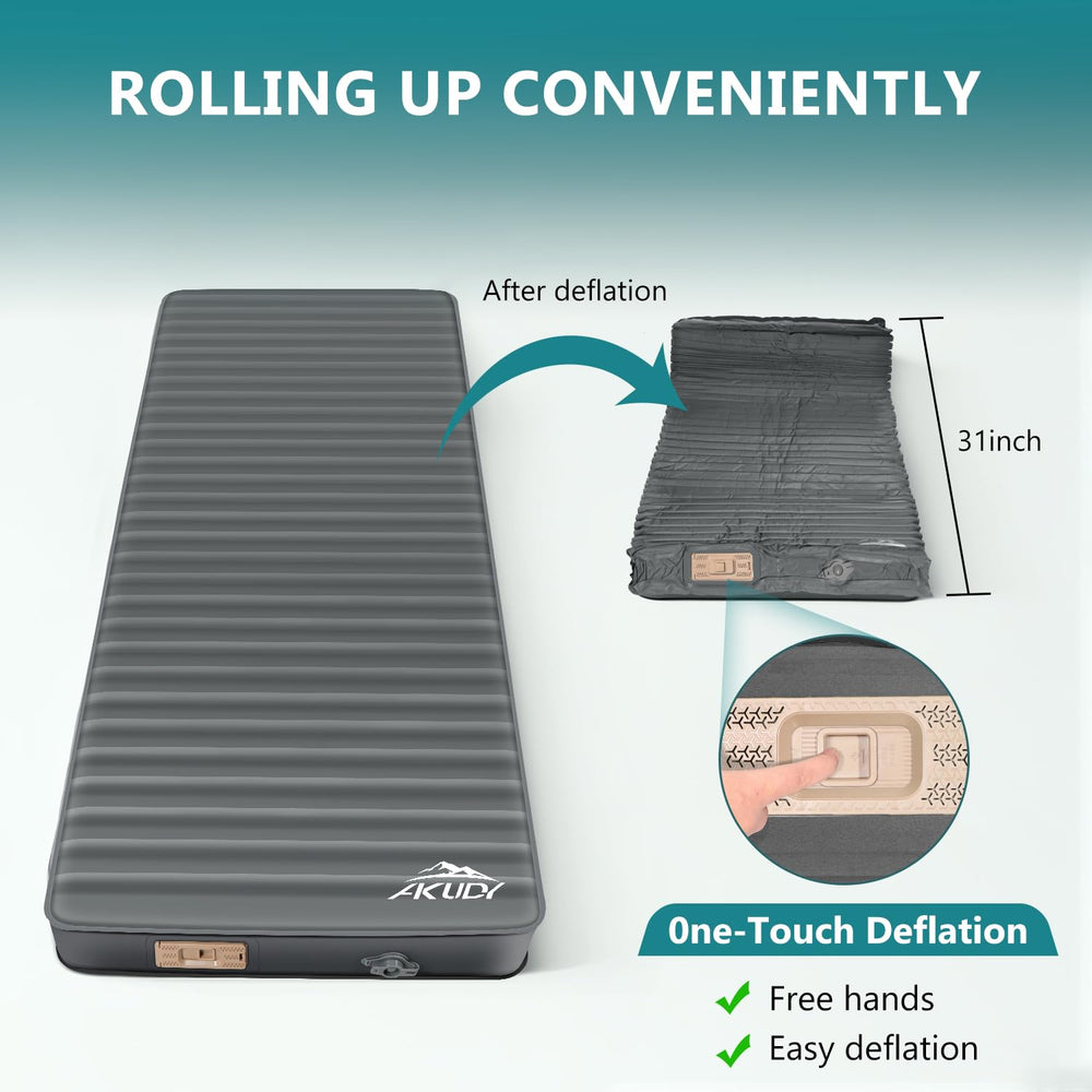 AKUDY self-inflating pad features fast deflation for quick pack-up after camping