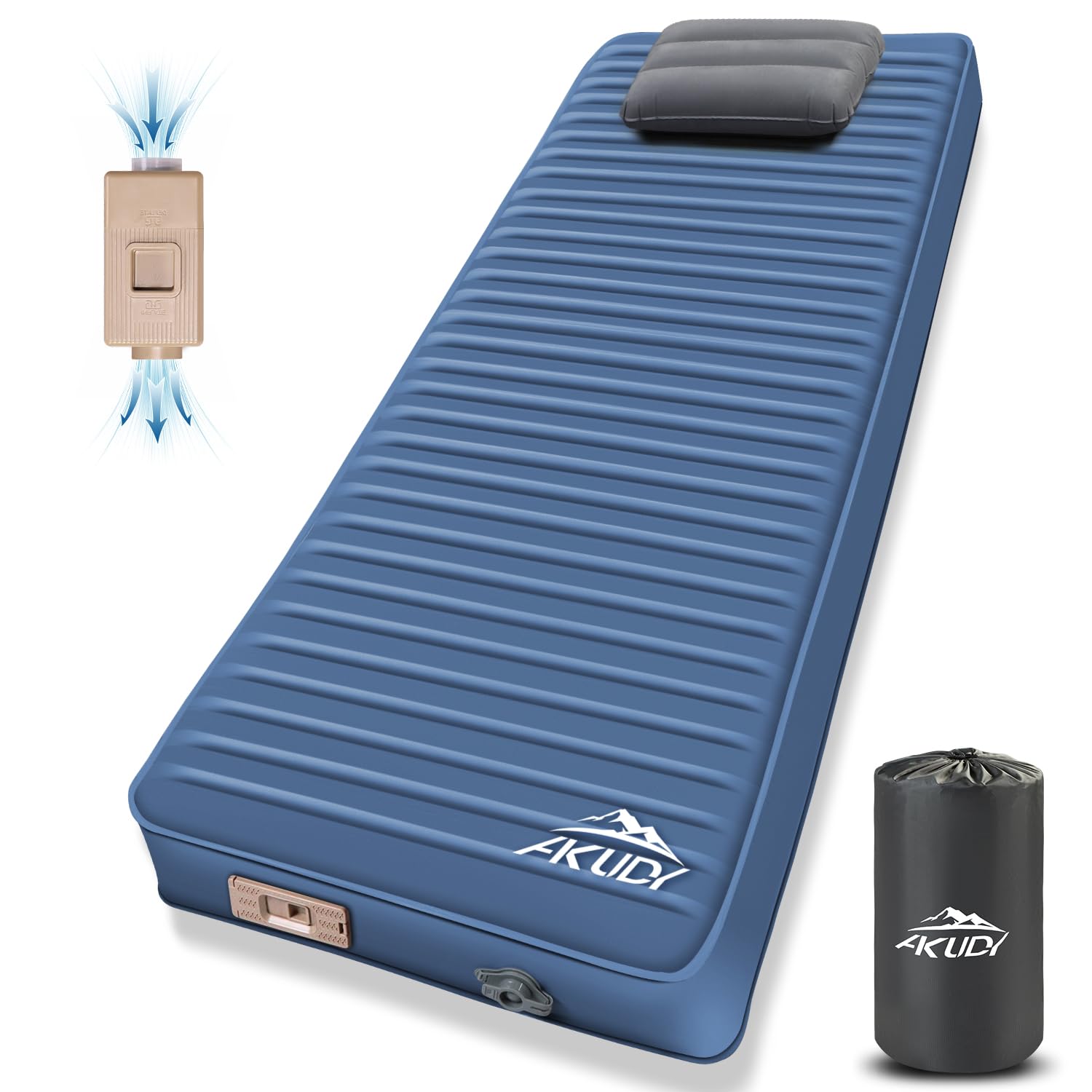 AKUDY self-inflating sleeping pad with electric pump for quick campsite setup.