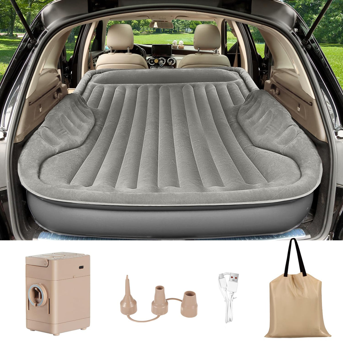 AKUDY self-inflating SUV air mattress pump close-up for camping.