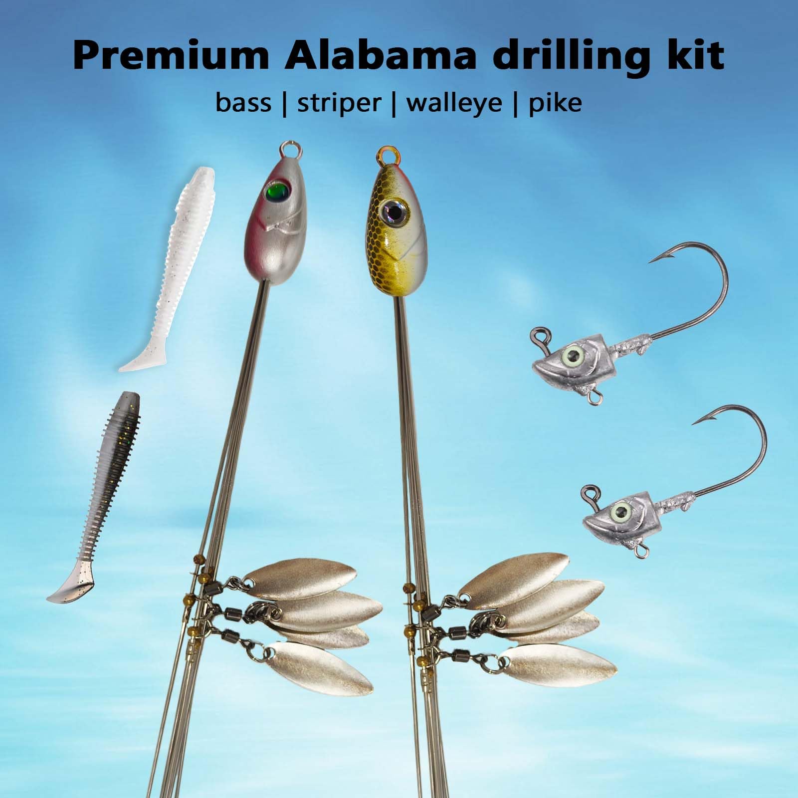 Alabama rig showing jig heads and lures
