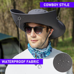 Sun hat brim snapped up to form a cowboy-style hat