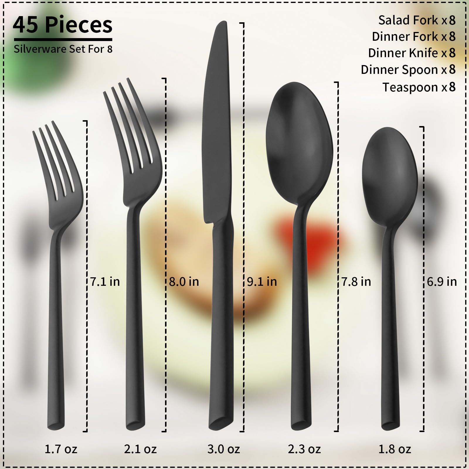 Alata Potter Black service for 8 highlights stainless steel durability for family meals