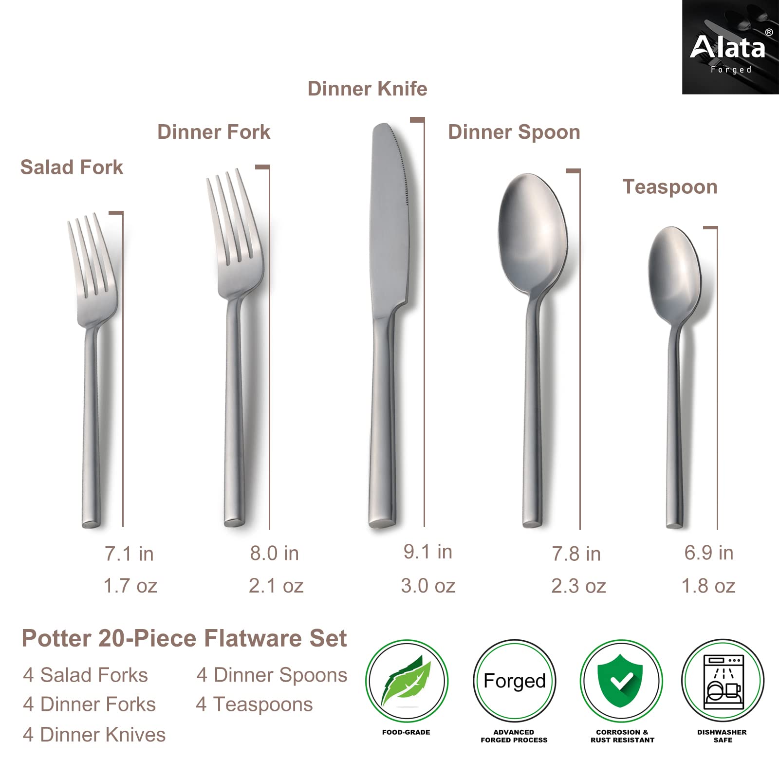 Alata Potter shown as dishwasher-safe, easy-care flatware.