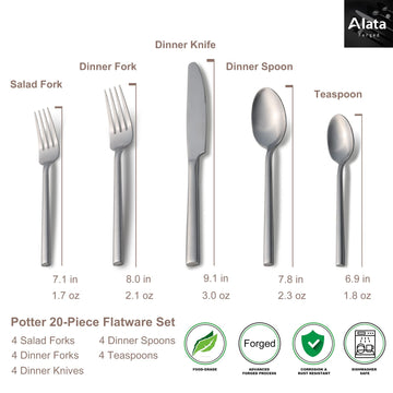 Alata Potter shown as dishwasher-safe, easy-care flatware.