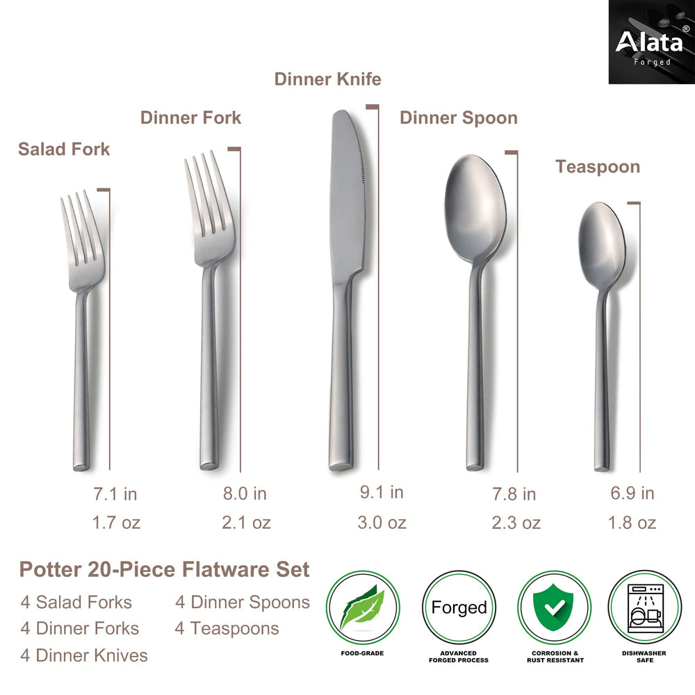 Alata Potter shown as dishwasher-safe, easy-care flatware.