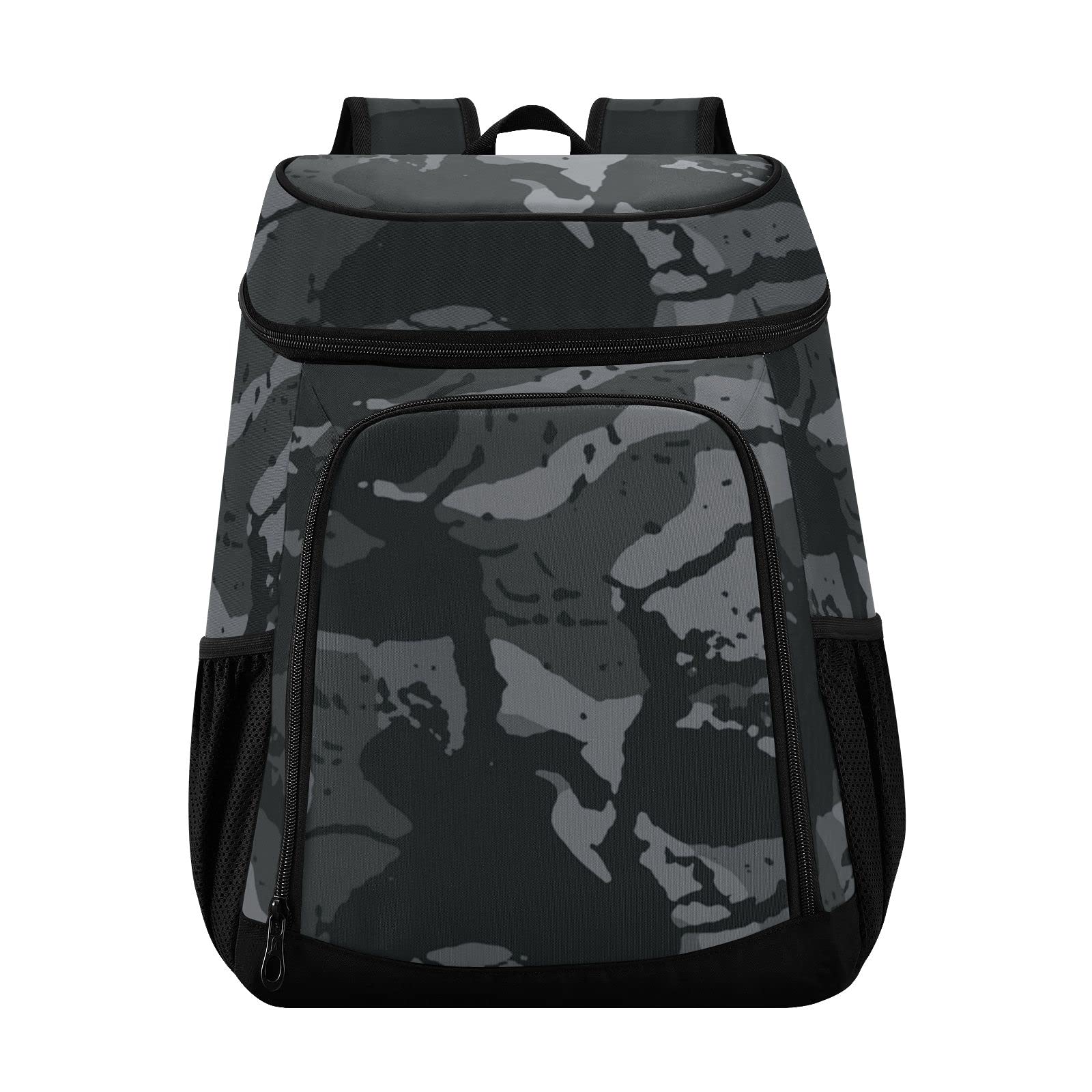 ALAZA backpack cooler with abstract geometry camo, ready for outdoor adventures.