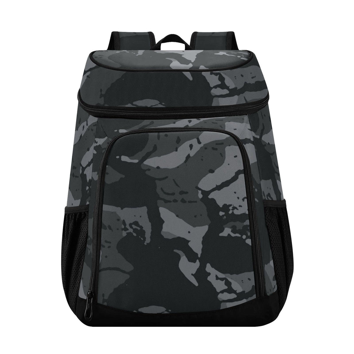 ALAZA backpack cooler with abstract geometry camo, ready for outdoor adventures.