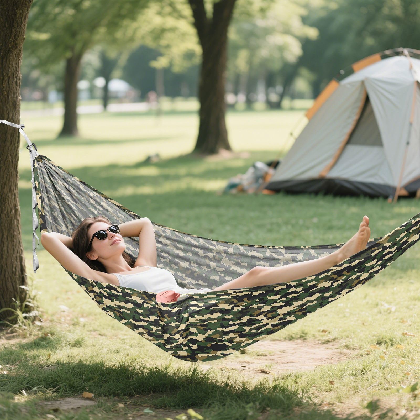 ALAZA Army Camo Hammock extended straps provide stable support on uneven ground.