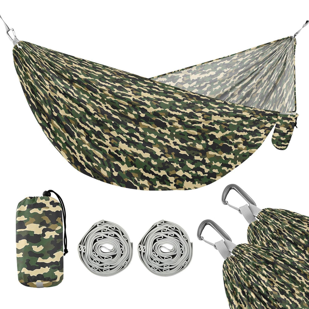 ALAZA Army Camo Hammock setup view demonstrates quick, tool-free camping setup.