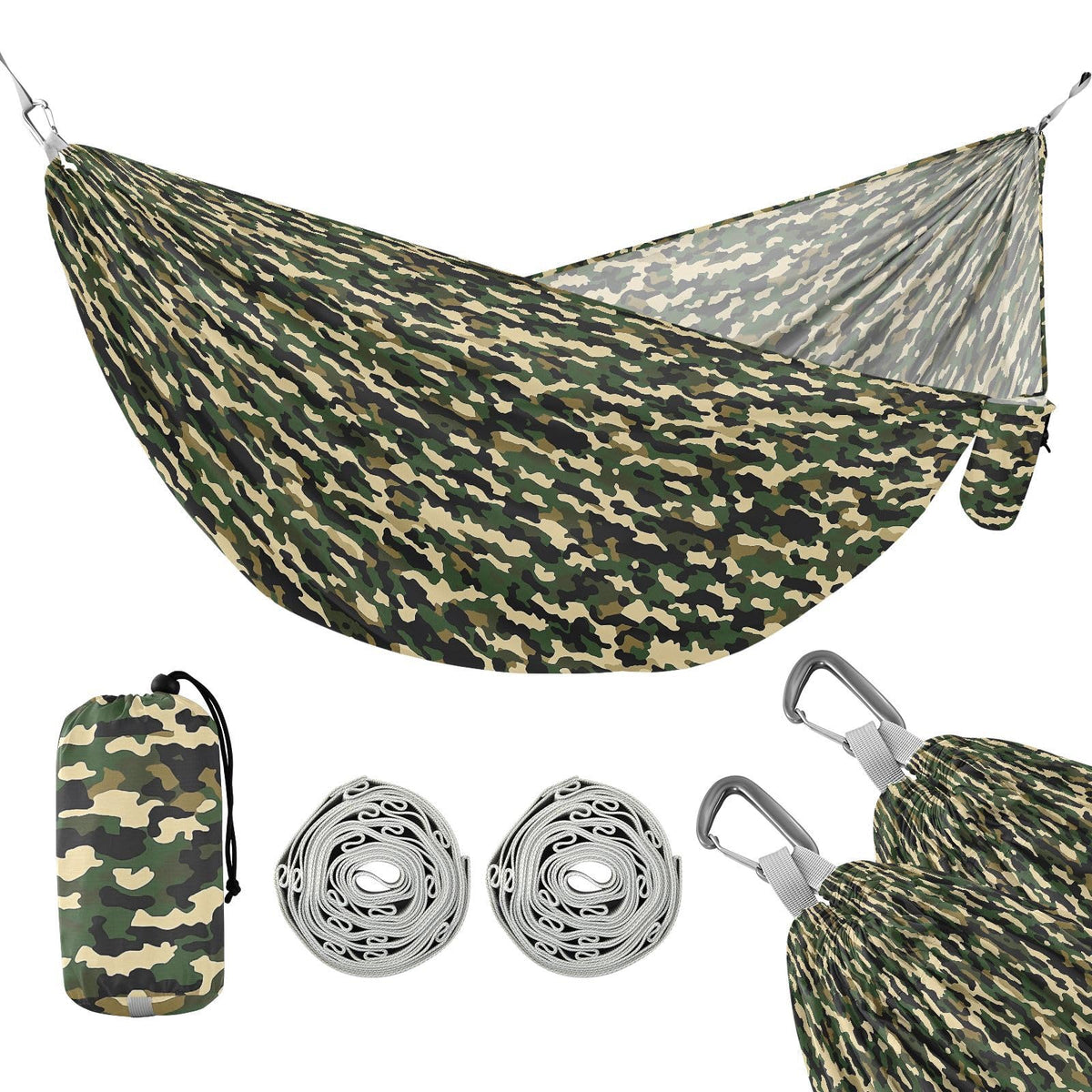 ALAZA Army Camo Hammock setup view demonstrates quick, tool-free camping setup.