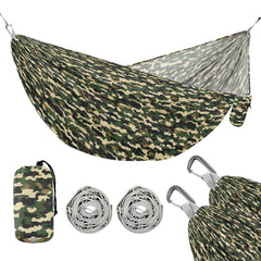 ALAZA Army Camo Hammock setup view demonstrates quick, tool-free camping setup.