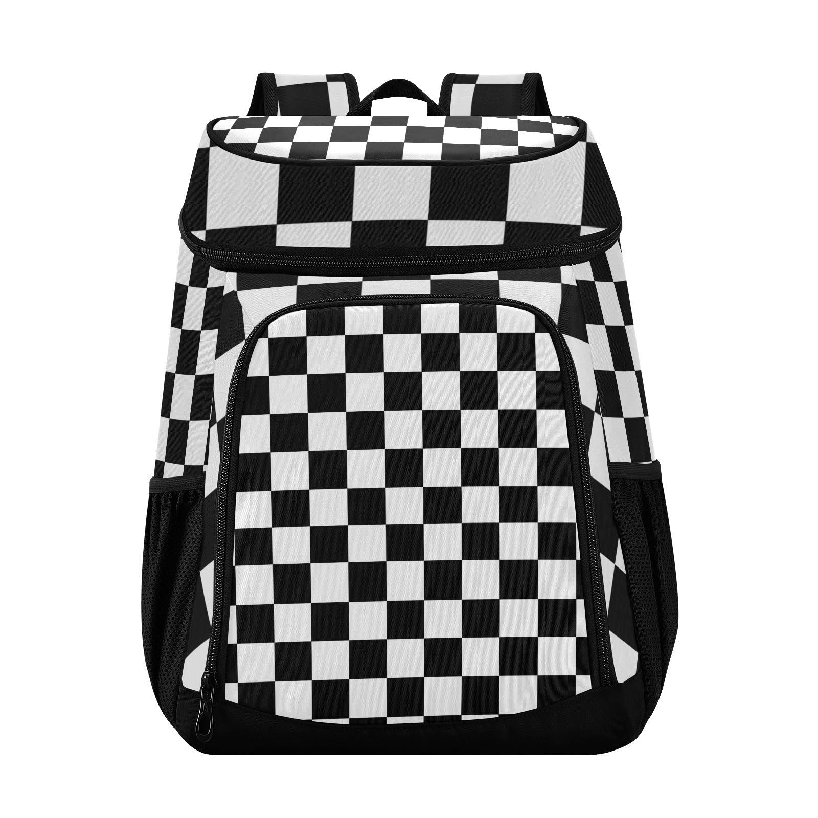 ALAZA Black White Checkered Cooler Backpack front view, ideal for beach trips.
