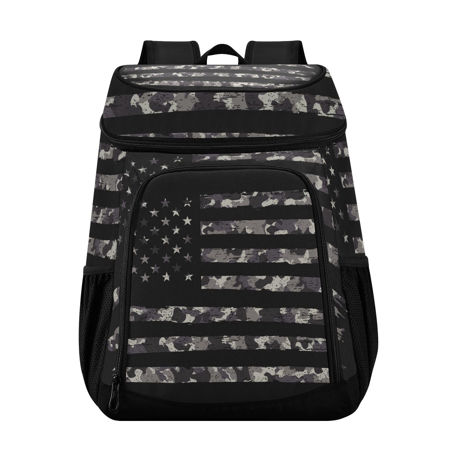 ALAZA camouflage cooler backpack front view showing 30-can capacity for picnics.
