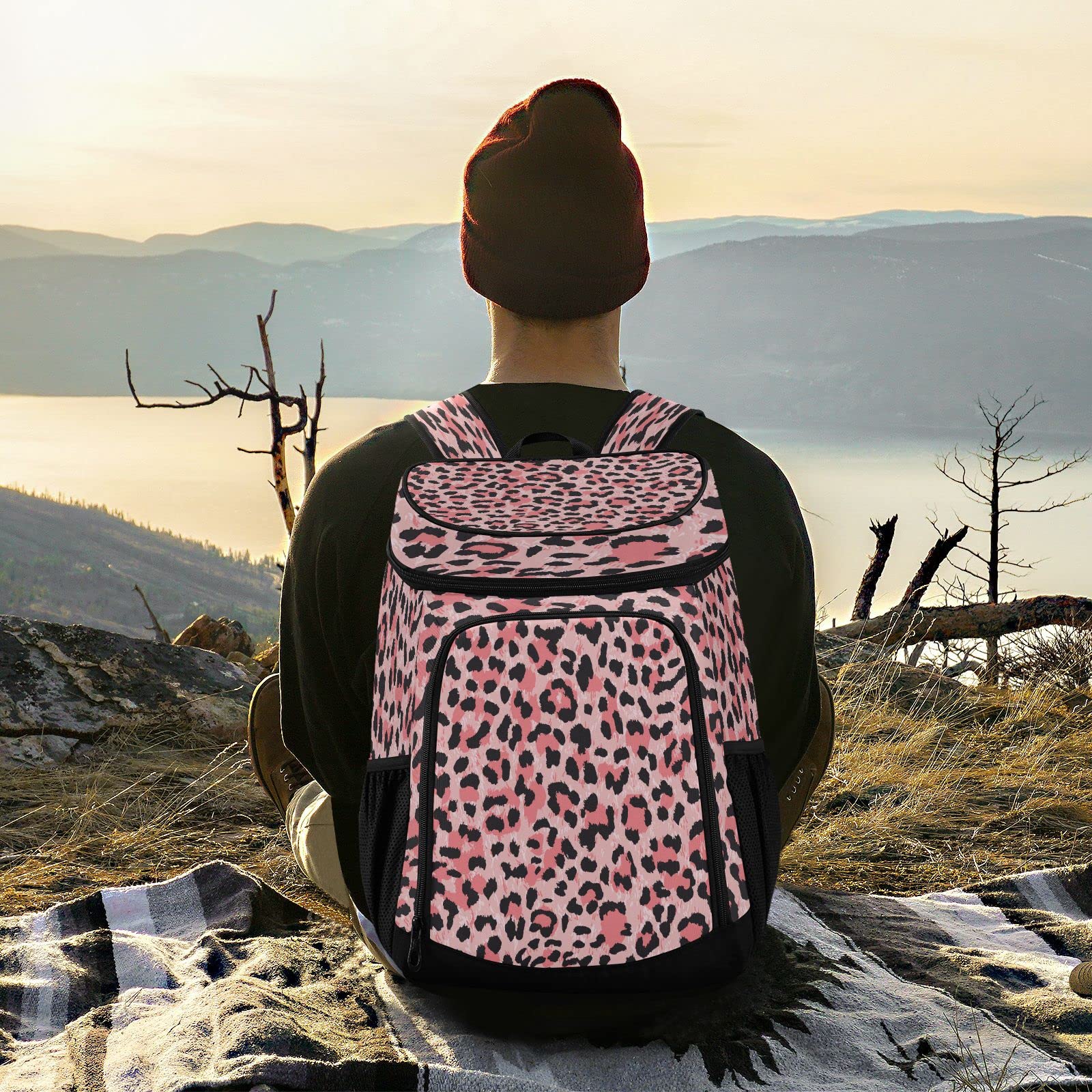 ALAZA Leopard Pink Cooler Backpack front compartments for dry snacks and essentials