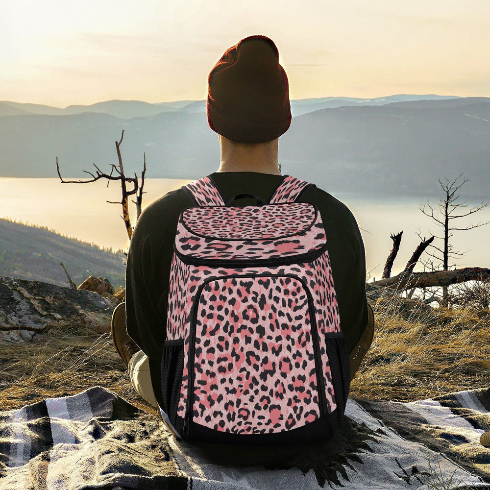 ALAZA Leopard Pink Cooler Backpack front compartments for dry snacks and essentials