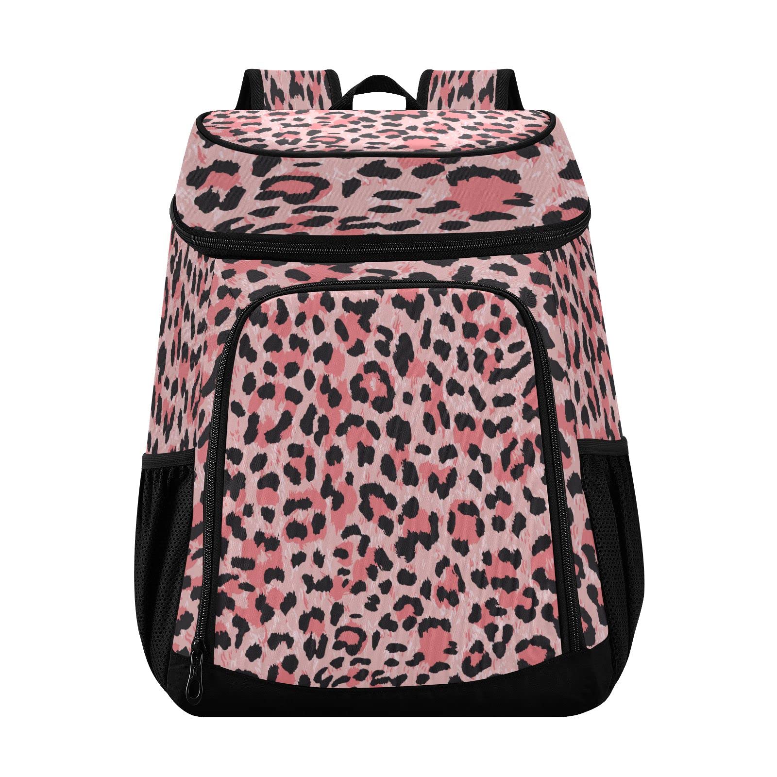 ALAZA Leopard Pink Cooler Backpack front view with spacious interior for meals and drinks