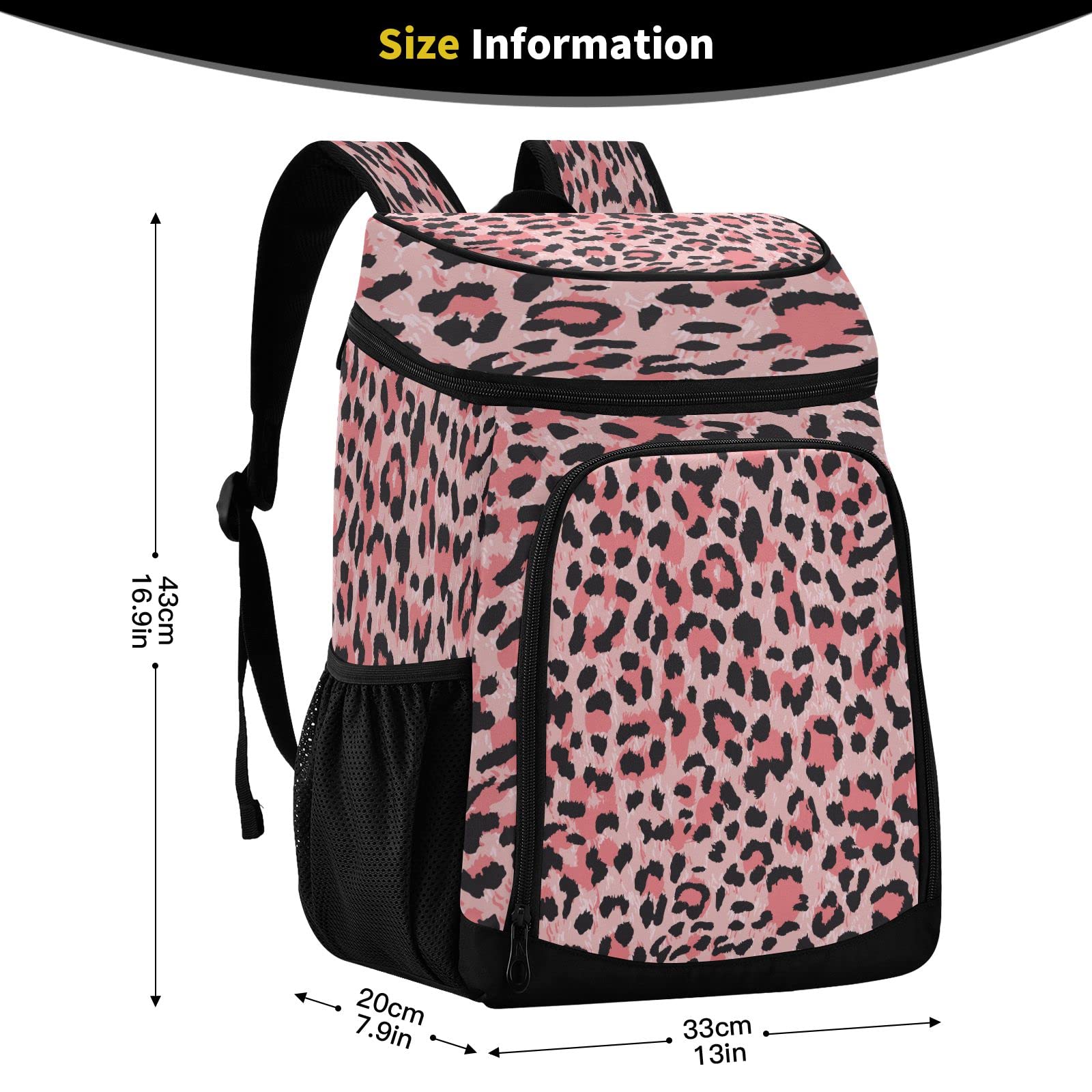 ALAZA Leopard Pink Cooler Backpack side pocket for bottles and snacks, quick access