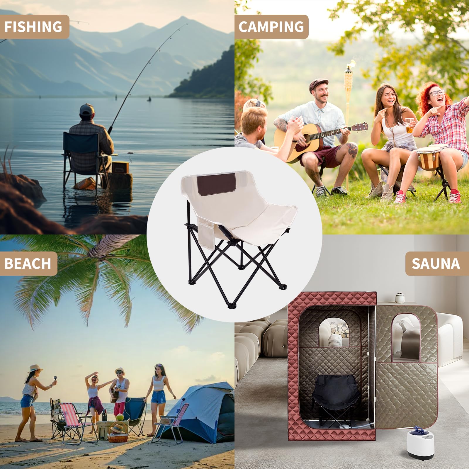 aledaras portable sauna chair beach camping setup shows versatile outdoor seating.