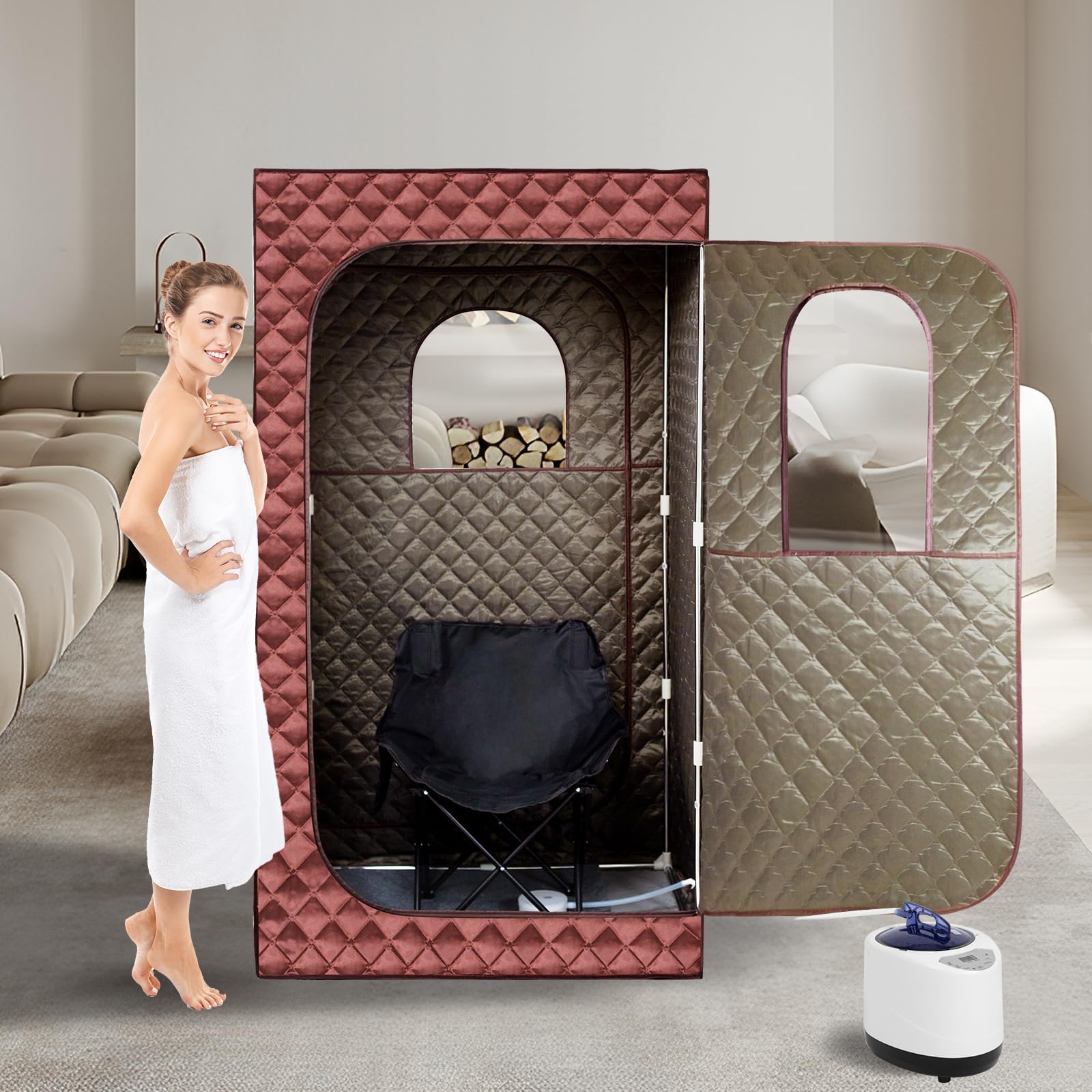 aledaras portable sauna chair with carry bag ready for quick setup.