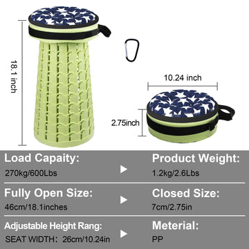 ALEVMOOM collapsible stool extended to 18.1 inches for tall seating.