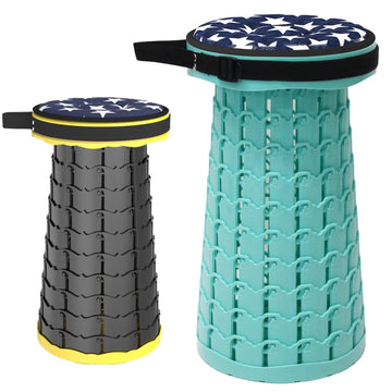 ALEVMOOM collapsible stool folded for compact storage during travel.