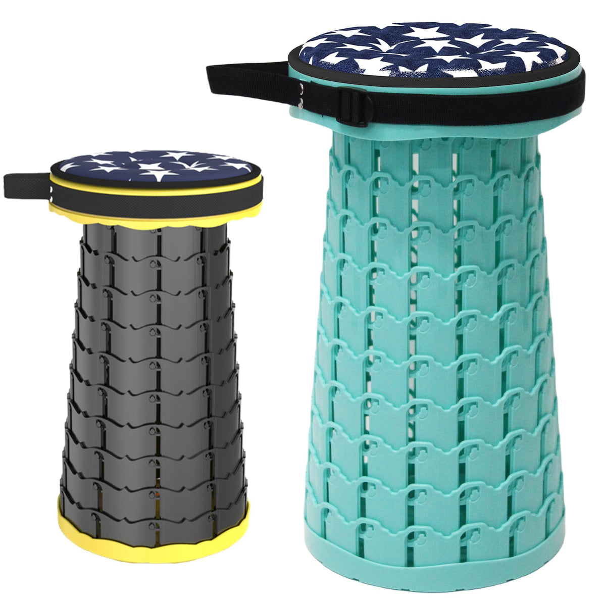ALEVMOOM collapsible stool folded for compact storage during travel.