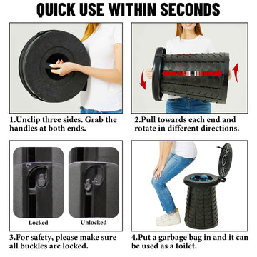 ALEVMOOM XXL portable toilet with seven trash bags for mess-free trips.
