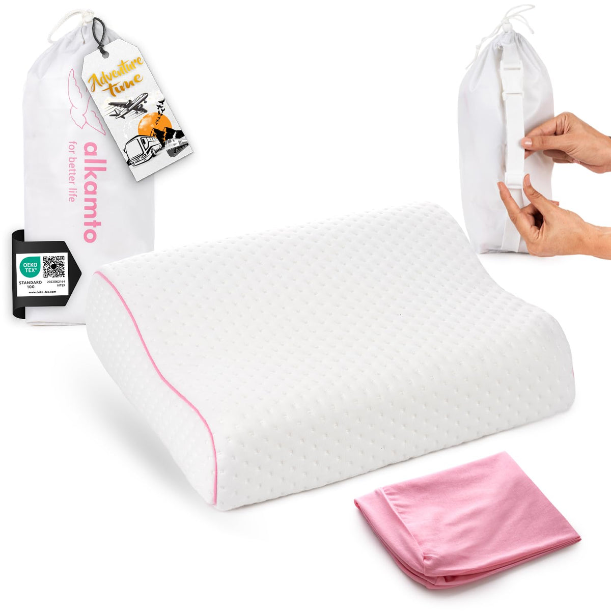 alkamto pink contour memory foam pillow offers neck support for travel