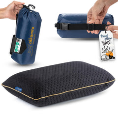 alkamto travel pillow compact pack shows lightweight, space-saving travel setup.